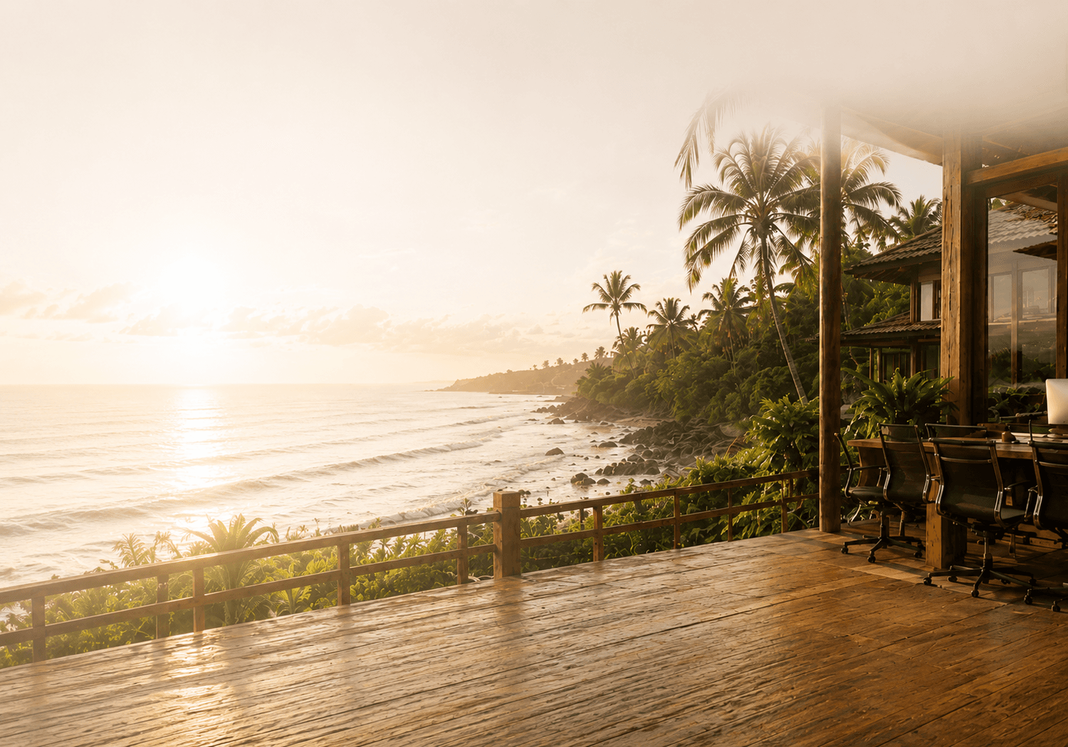 Tropical coastal view from a wooden terrace in Sri Lanka